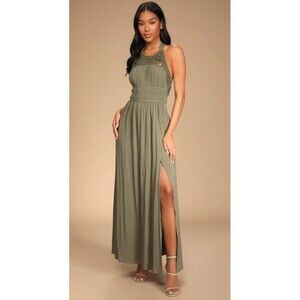 Lulus Maxi Dress Tie Back Halter Olive Green Crochet Boho NWT Womens Size S/M